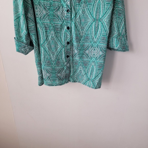 catherines women's geometric roll tab sleeve tunic top size 2X button up work - Picture 4 of 8